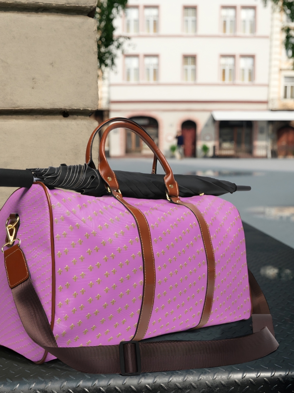 Waterproof Pink Travel Duffel Bag with Brown Leather Trim